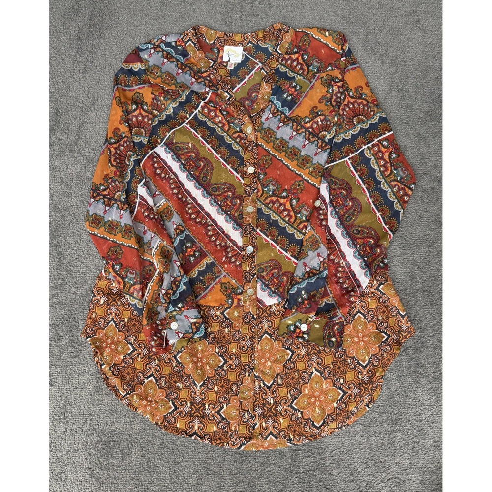 Fig and Flower Paisley Patchwork Metallic Button Down Shirt XL Orange Multi